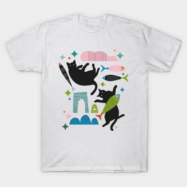 Playful Cats with Mid Century Modern Pet Toys No.013 T-Shirt by evamatise